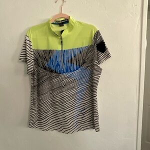 Jamie Sadock Sunsense Lime Green Blue Abstract Stripe Short Sleeve Golf Top XL